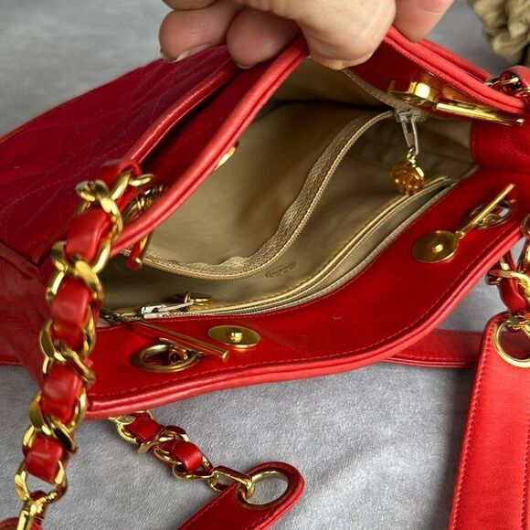 Chanel Red Satin Quilted Chain Shopper Tote Bag - Picture 11 of 16